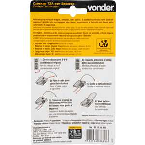 Cadeado TSA com segredo, 3 algarismos, com cabo de aço, preto, VONDER