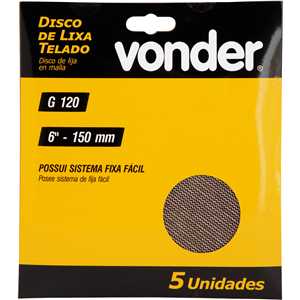 Disco de lixa telado, 6" - 150 mm, grão 120, embalagem com 5 peças, VONDER