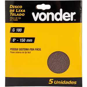 Disco de lixa telado, 6" - 150 mm, grão 180, embalagem com 5 peças, VONDER