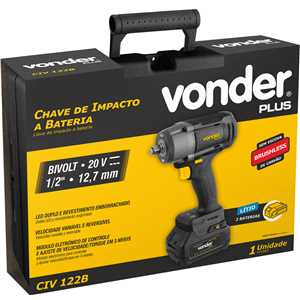 Chave de impacto, bateria 20 V, encaixe de 1/2", fonte de carregamento bivolt automático, CIV 122B, VONDER PLUS