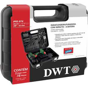 Parafusadeira/furadeira de impacto a bateria, 12 V, fonte bivolt automática, jogo com 74 acessórios, PFD 074 DWT