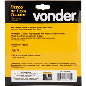 Disco de lixa telado, 6" - 150 mm, grão 180, embalagem com 5 peças, VONDER