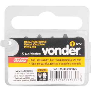 Bits/ponteira phillips com encaixe 1/4", nº 2 x 25 mm, com 5 peças, VONDER