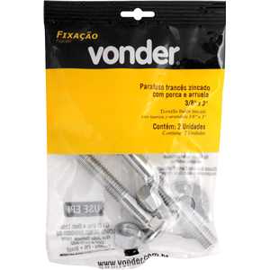 Parafuso francês zincado, 3/8" x 3", com porca e arruela, cartela com 2 conjuntos, VONDER