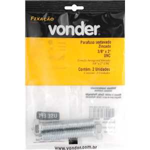 Parafuso sextavado zincado 3/8" x 2", UNC, rosca total, VONDER