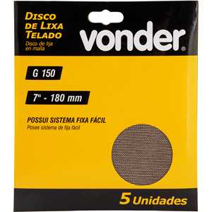 Disco de lixa telado, 7" - 180 mm, grão 150, embalagem com 5 peças, VONDER