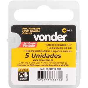 Bits/ponteira phillips com encaixe 1/4", nº 2 x 38 mm, com 5 peças, VONDER