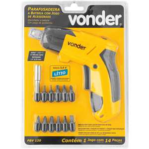 Parafusadeira a bateria 3,6 V, carregador bivolt, jogo com 14 peças, PBV 120, VONDER