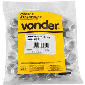Porca sextavada zincada, 20 mm, MA, com 50 peças, VONDER