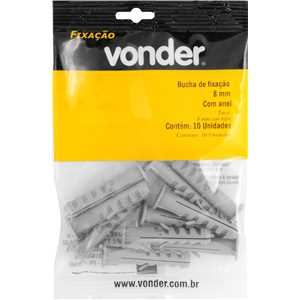 Bucha de nylon para fixação 8 mm, com anel, cartela com 10 peças, VONDER