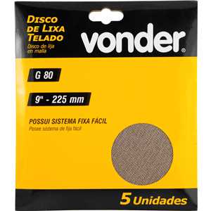 Disco de lixa telado, 9" - 225 mm, grão 80, embalagem com 5 peças, VONDER