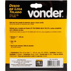 Disco de lixa telado, 7" - 180 mm, grão 150, embalagem com 5 peças, VONDER