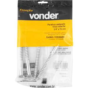 Parafuso sextavado rosca soberba 1/4" x 75 mm, cartela com 4 peças, VONDER