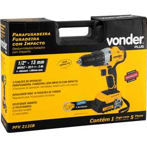 Parafusadeira/furadeira de impacto a bateria, 20 V, fonte de carregamento bivolt automática, PFV 212IB, VONDER PLUS