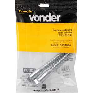Parafuso sextavado rosca soberba 3/8" x 75 mm, cartela com 2 peças, VONDER