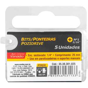 Jogo de bits ponteira pozidrive, com encaixe 1/4", nº 1 x 25 mm, VONDER
