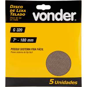 Disco de lixa telado, 7" - 180 mm, grão 320, embalagem com 5 peças, VONDER