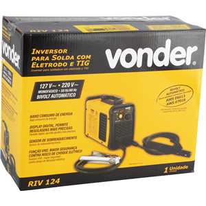 Inversor para solda com eletrodo e TIG, 120 A, RIV 124, com display digital, monofásico, 127 V~ - 220 V~ - Seleção automática, VONDER
