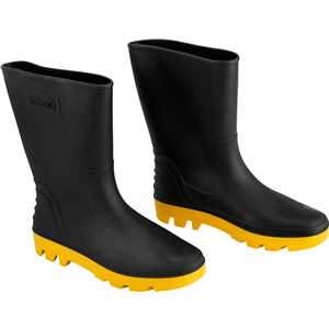 Bota de PVC preta com amarelo, cano médio, sem forro, 43, NOVE54