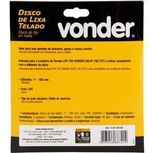 Disco de lixa telado, 7" - 180 mm, grão 220, embalagem com 5 peças, VONDER