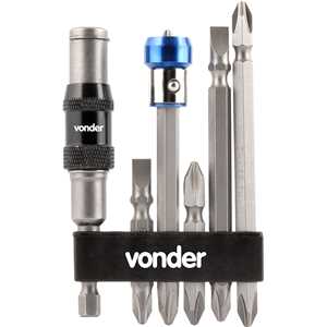 Jogo de bits/ponteiras com 8 peças, encaixe sextavado de 1/4", com extensão magnética articulada, VONDER