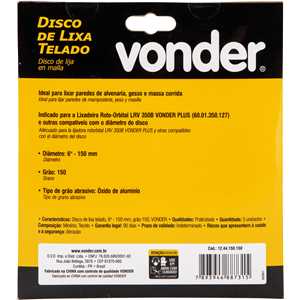 Disco de lixa telado, 6" - 150 mm, grão 150, embalagem com 5 peças, VONDER