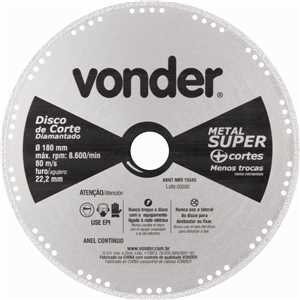 Disco de corte diamantado, contínuo, para metais, metal super, 180 mm, VONDER