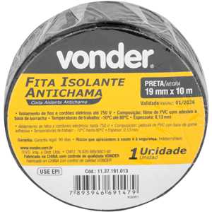 Fita isolante, 19,0 mm x 10 m, preta, VONDER