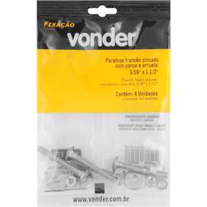 Parafuso francês zincado, 3/16" x 1.1/2", com porca e arruela, cartela com 4 conjuntos, VONDER