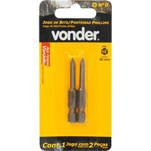 Jogo de bits de ponteiras phillips com encaixe sextavado 1/4", nº 0 x 50 mm, cartela com 2 peças, VONDER