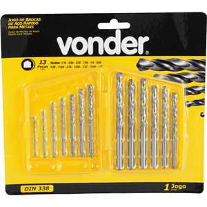 Jogo de brocas de aço rápido DIN 338, 1/16" a 1/4", com 13 peças, VONDER