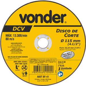 Disco de corte 115 mm x 1,6 mm x 22,23 mm, DCV, VONDER
