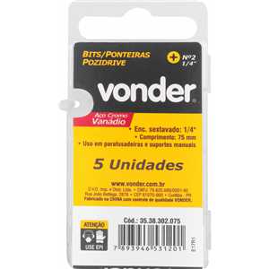 Jogo de bits ponteira pozidrive, com encaixe 1/4", nº 2 x 75 mm, VONDER