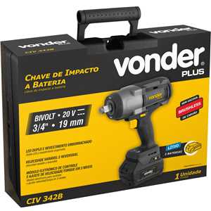 Chave de impacto, bateria 20 V, encaixe de 3/4", fonte de carregamento bivolt automático, CIV 342B, VONDER PLUS
