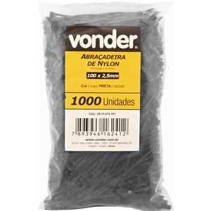 Abraçadeira de nylon, preta, 100 mm x 2,5 mm, com 1.000 peças, VONDER