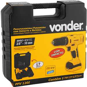 Parafusadeira/furadeira de impacto a bateria, 12 V, fonte de carregamento bivolt automática, PFV 120I VONDER