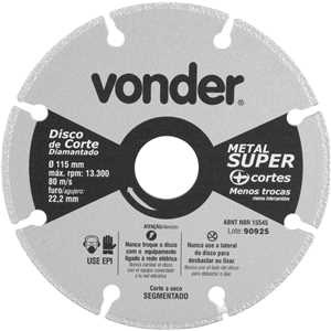 Disco de corte diamantado, segmentado, para metais, metal super, 115 mm, VONDER