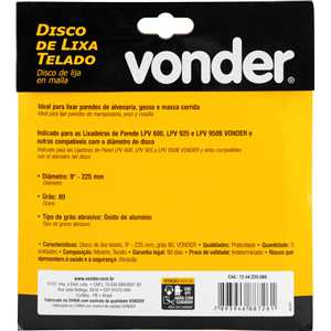 Disco de lixa telado, 9" - 225 mm, grão 80, embalagem com 5 peças, VONDER