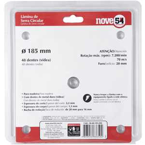 Lâmina de serra circular com dentes de metal duro/vídea, 185 mm x 20 mm, 48 dentes, NOVE54