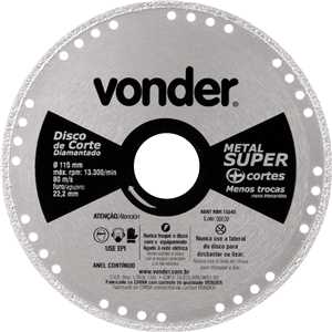 Disco de corte diamantado, contínuo, para metais, metal super, 115 mm, VONDER