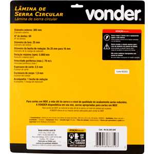 Lâmina de serra circular com dentes de metal duro/vídea, 305 mm x 25,4 mm, 60 dentes, VONDER