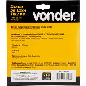 Disco de lixa telado, 9" - 225 mm, grão 120, embalagem com 5 peças, VONDER