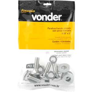 Parafuso francês zincado, 5/16" x 1", com porca e arruela, cartela com 4 conjuntos, VONDER
