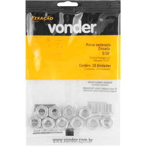 Porca sextavada 5/16" UNC, zincada, cartela com 10 peças, VONDER