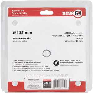 Lâmina de serra circular com dentes de metal duro/vídea, 185 mm x 20 mm, 40 dentes, NOVE54