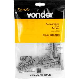 Bucha de nylon para fixação 6 mm, com anel, cartela com 10 peças, VONDER