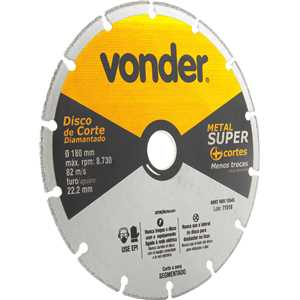 Disco de corte diamantado, segmentado, para metais, metal super, 180 mm, VONDER