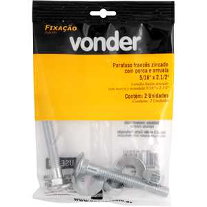 Parafuso francês zincado, 5/16" x 2.1/2", com porca e arruela, cartela com 2 conjuntos, VONDER