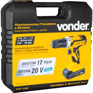 Parafusadeira/furadeira a bateria, 20 V, fonte de carregamento bivolt automática, PFV 238 VONDER