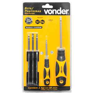 Jogo de bits/ponteiras, longo, com 10 peças, encaixe sextavado de 1/4" e 5/32", VONDER